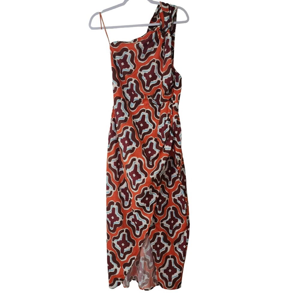 Zara Printed Asymmetric Hem Midi Dress One Shoulder Orange Cotton Size S NWT